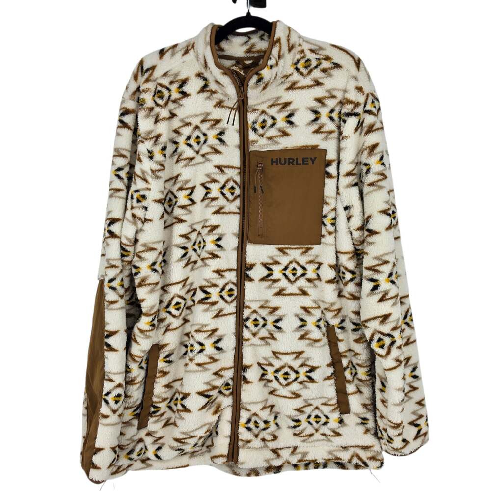 Hurley Cream & Brown Southwestern Aztec Sherpa Fleece Full Zip Jacket Size XL